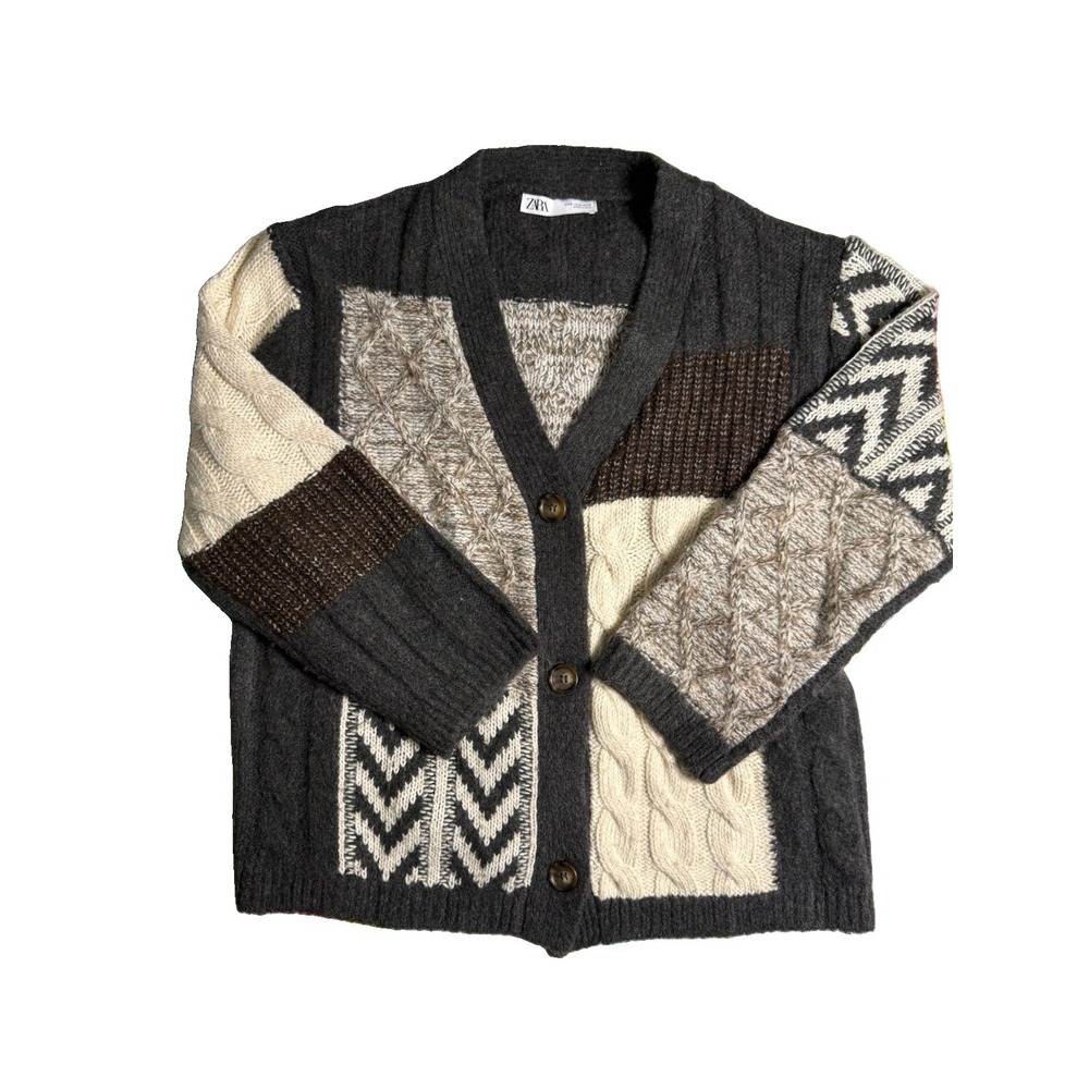 Zara Patchwork Knit Button Front Cardigan Sweater Wool Blend Size Small EUC